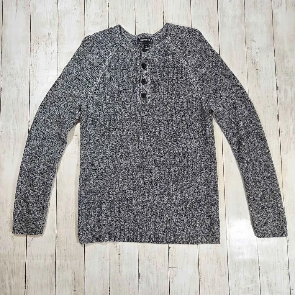 Express Mens Henley Sweater Size M Marled Gray Long Sleeve Pullover Knit